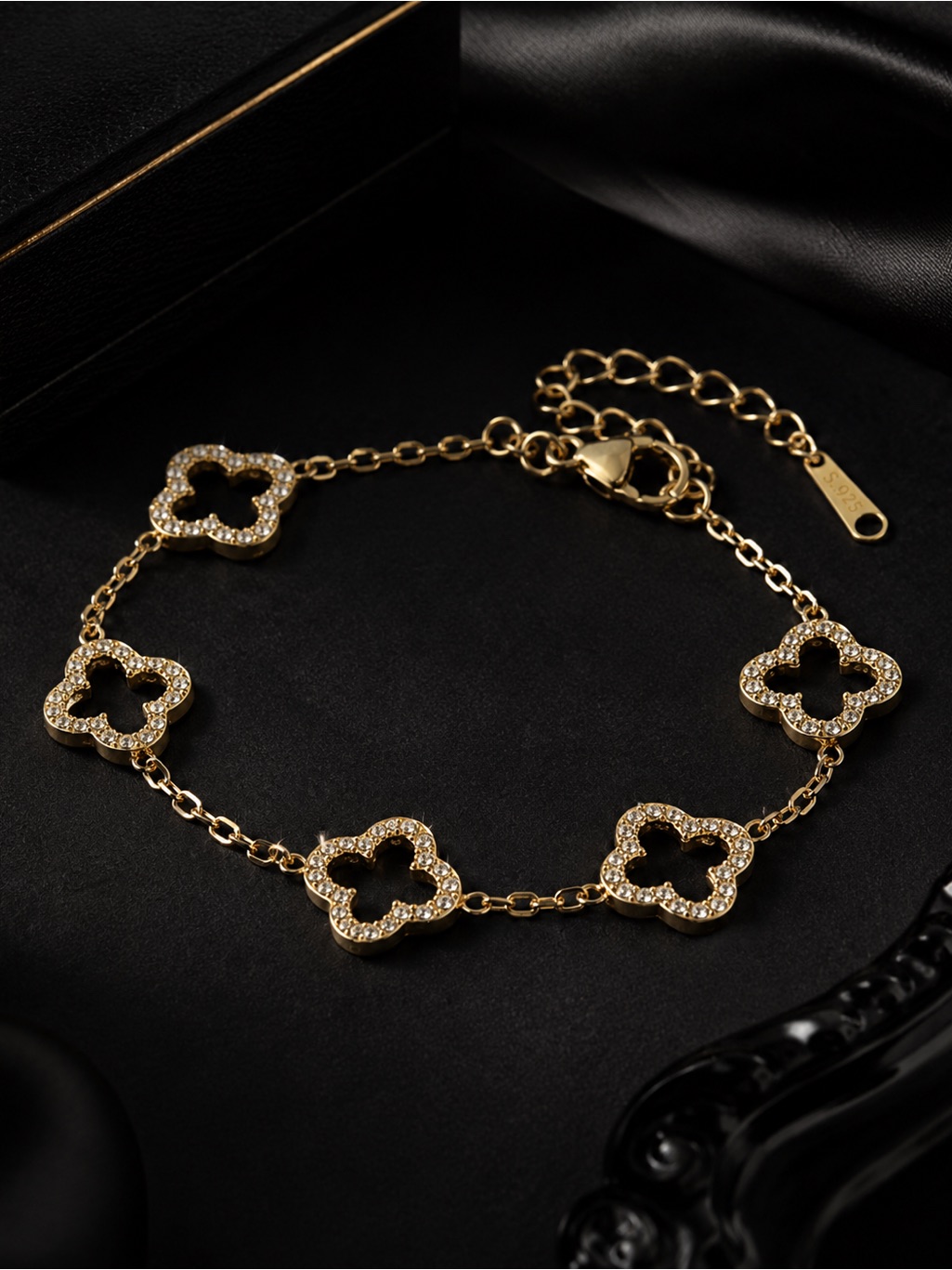 Gold Clover Link Bracelet With Crystals